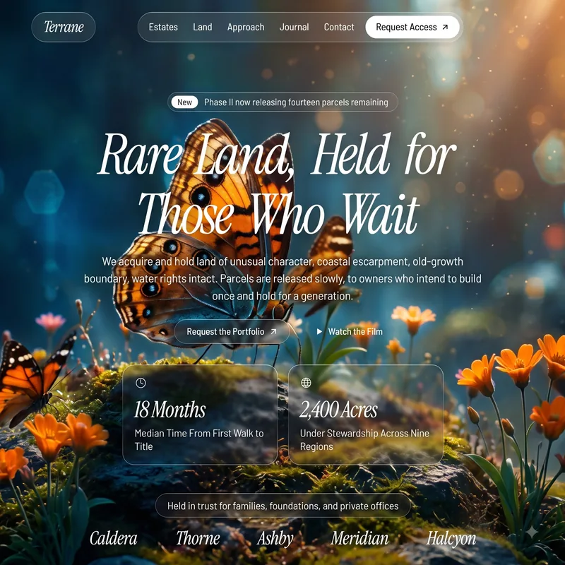 A website design with a large serif headline over a misty scene of an orange butterfly and wildflowers.