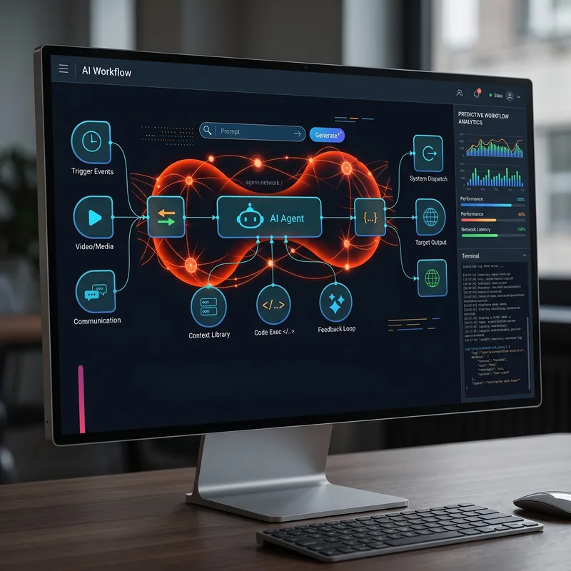 A monitor on a wooden desk showing an AI workflow builder: triggers feeding an AI agent node in a red glow, with analytics beside it.