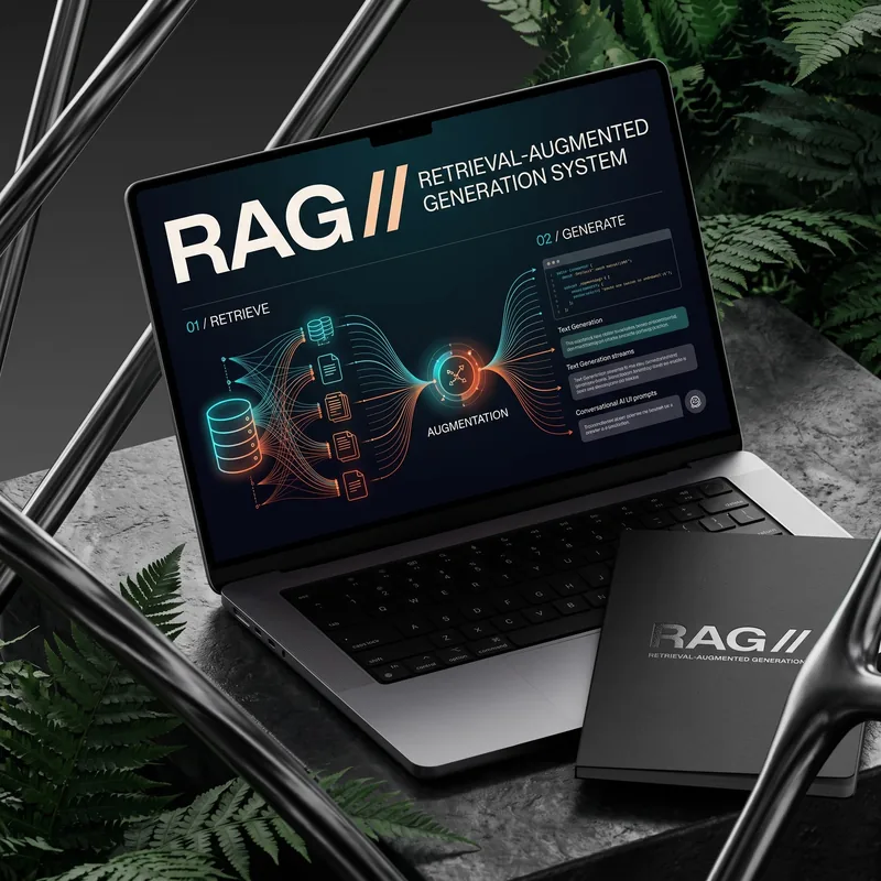 A laptop on a stone block among ferns, its screen showing a retrieval-augmented generation diagram, a black “RAG” booklet beside it.