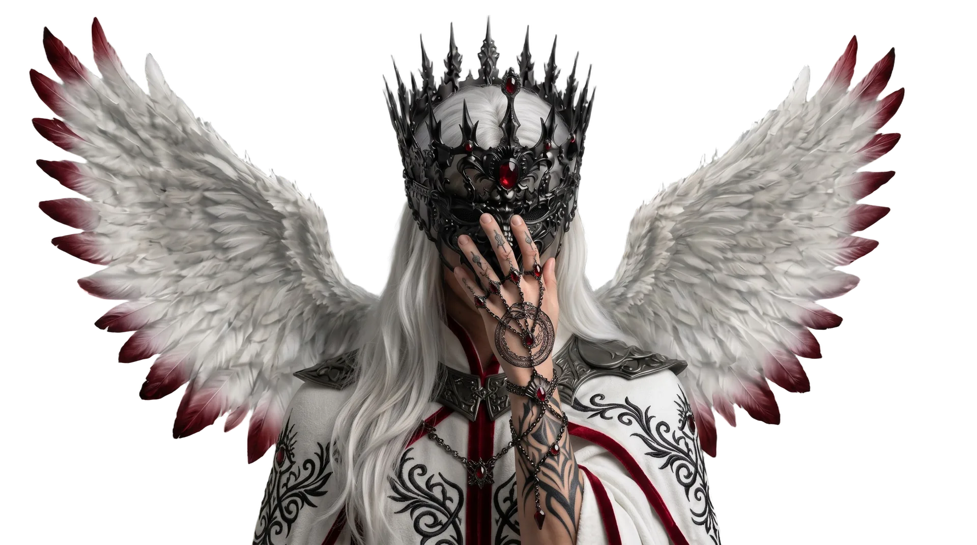 A figure with white red-tipped wings, a white robe and a black spiked crown, one tattooed hand raised over the face.